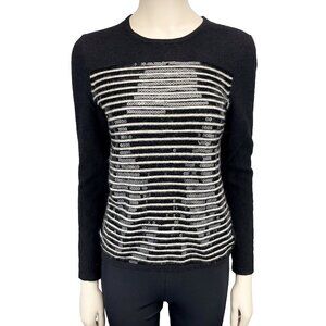 LORD & TAYLOR 100% CASHMERE Stripes Sequins Crew Neck Black Sweater sz Small